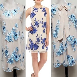 Beige by Eci Cream Mesh Blue Floral Lace Embroidered Neck Tie Midi Shift Dress